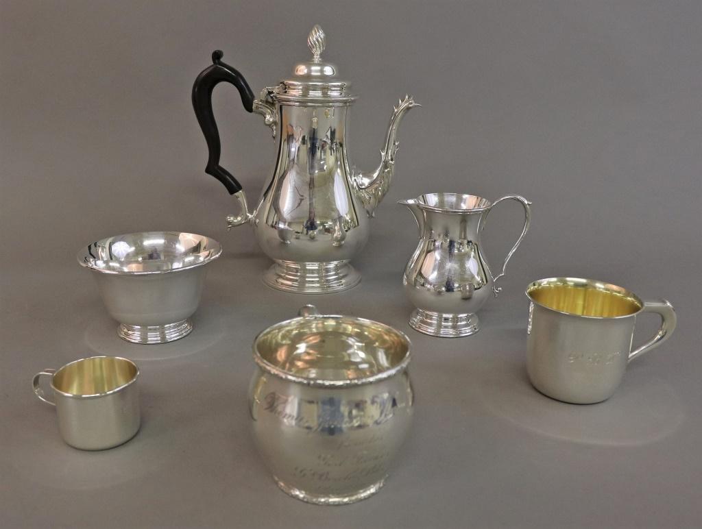 Sterling Silver Tableware & Unmarked Pieces: Sterling silver tableware and unmarked pieces, including a coffee pot, 9 1/2"h