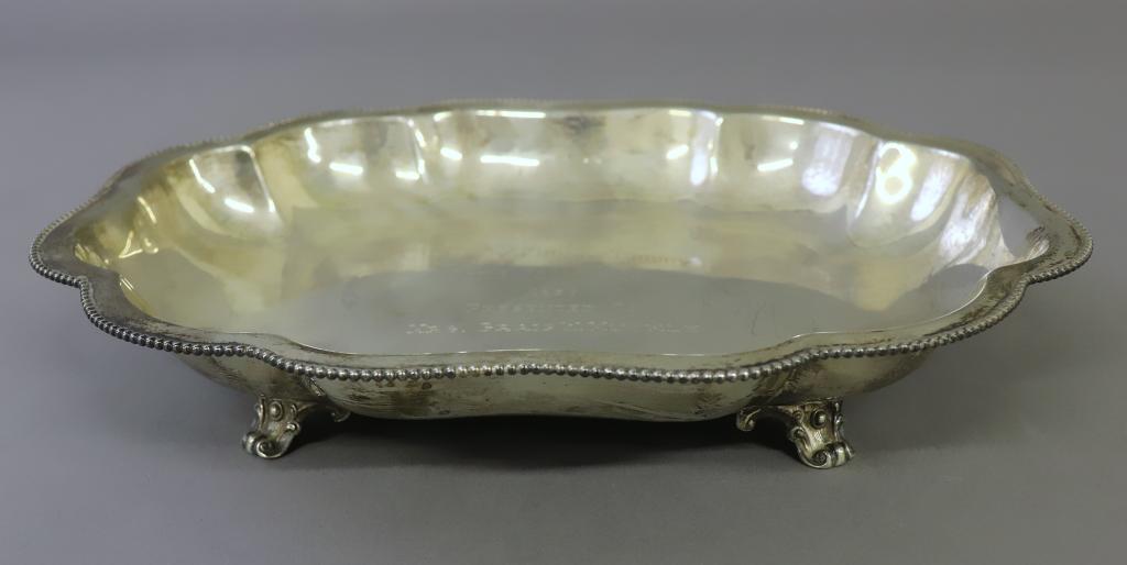 Sterling Silver Centerpiece Dish: Sterling silver centerpiece dish, inscribed "Breezy Knoll Trophy Philadelphia Flower Show 1959" 2"h x 12 1/4"w, 15 Troy ozs