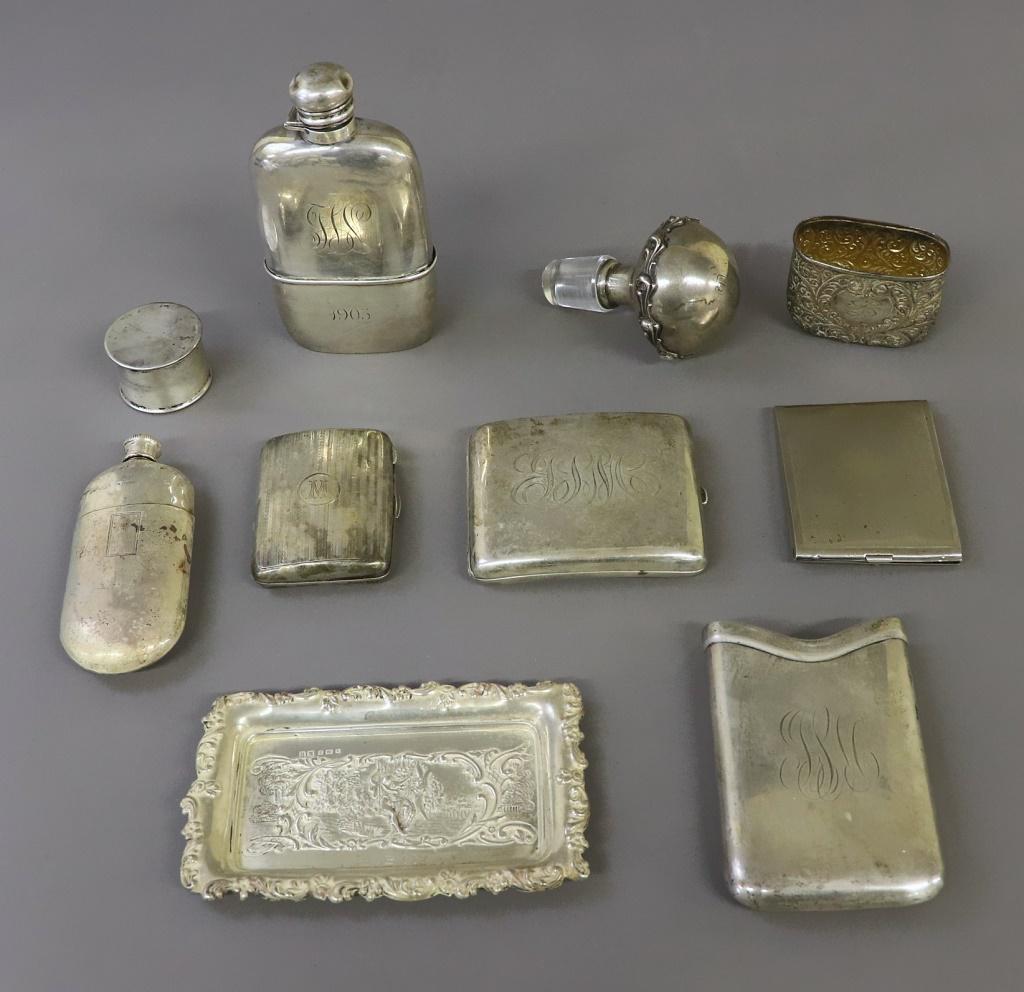 Two Sterling Silver Flasks & Cigarette Case, Etc: Two sterling silver flasks, largest 6"l, a cigarette case, etc