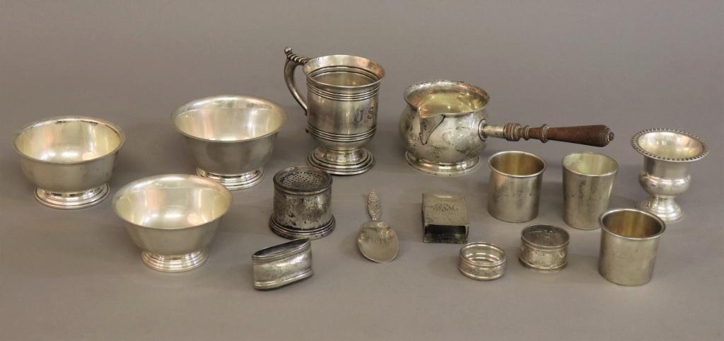 Sterling Silver and Silver Plate Tableware: Sterling silver tableware including three bowls, 2 1/2"h, together with silver plate napkin rings and a sander