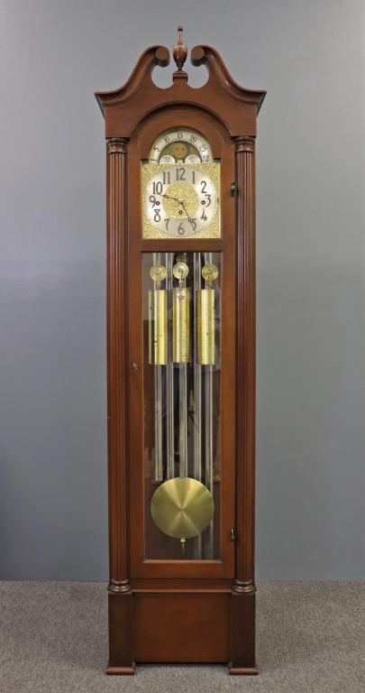 Herschede Five-Tube Mahogany Tall Case Clock: Herschede five-tube mahogany tall case clock, 76"h x 17"w W.A.I. does not guarantee clocks to be in working condition