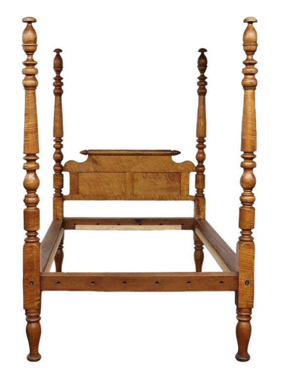 Three-Quarter Maple Rope Bed Circa 1870: Three-quarter maple rope bed circa 1870, with rolling pin headboard, 80 1/2"h x 52 1/2"w x 77"d