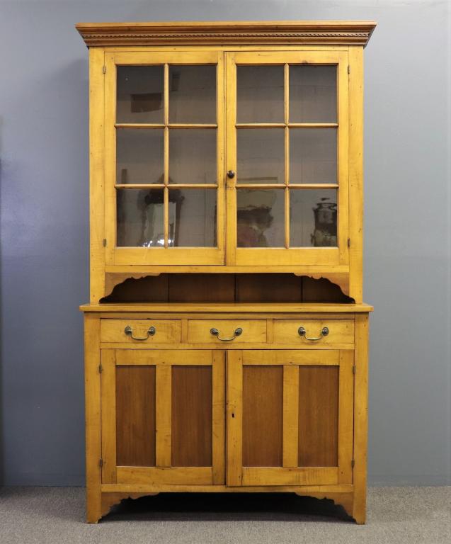 Maple Two-Piece Dutch Cupboard 19th Century: Maple two-piece Dutch cupboard, 19th century, with molded cornice, 86"h x 49"w x 20"d