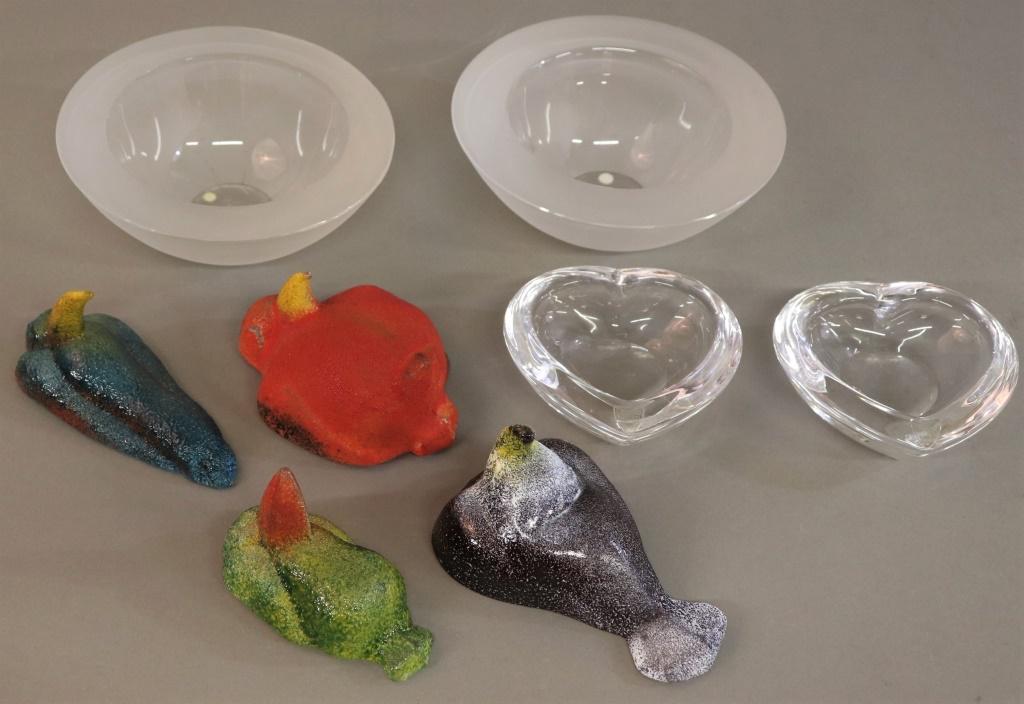 Two Orrefors Frosted Glass Bowls, Etc: Two Orrefors frosted glass bowls, 6"dia, two hearts, and four hanging birds, largest 5"l