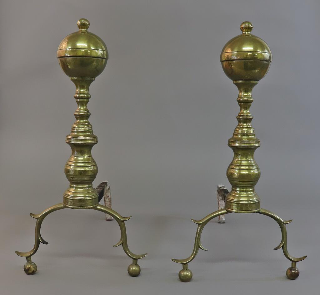 Pair of Federal Brass Ball Top Andirons: Pair of Federal brass ball top andirons, circa 1800, 19 1/2"h x 10"w x 18"d