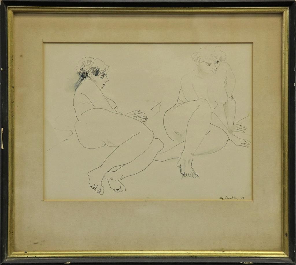 Francis McCarthy Ink Drawing Study of Two Figures: Francis McCarthy (Philadelphia, 1923 - 2005) ink drawing on paper of a pair of female nudes, signed and dated lower right "McCarthy 54," sight 8"h x 10"w; artist was an instructor at the Fleisher Art