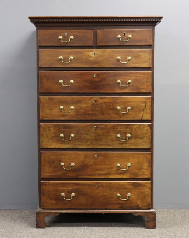 Georgian Mahogany Graduated Drawer Tall Chest: Georgian mahogany graduated drawer tall chest, 18th century, with dentil molded cornice, 65 1/2"h x 36"w