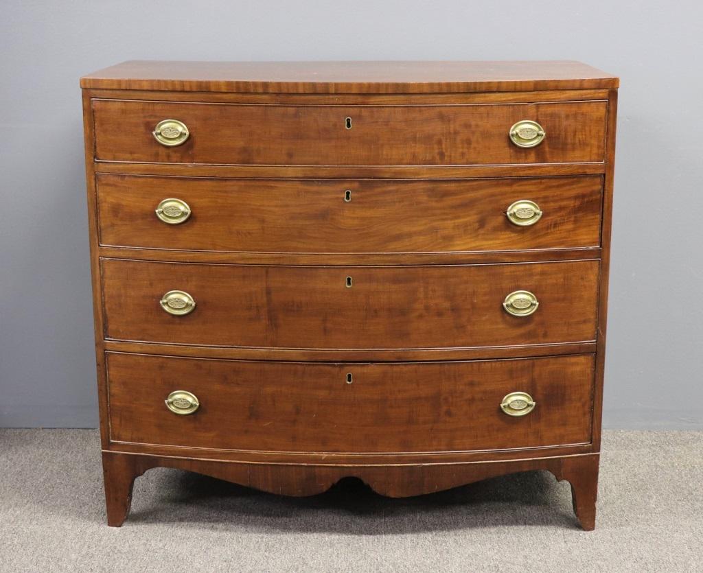 Hepplewhite Mahogany Bow-Front Chest of Drawers: Hepplewhite mahogany bow-front chest of drawers circa 1790, piece retains its original brasses, 38"h x 41 3/4"w