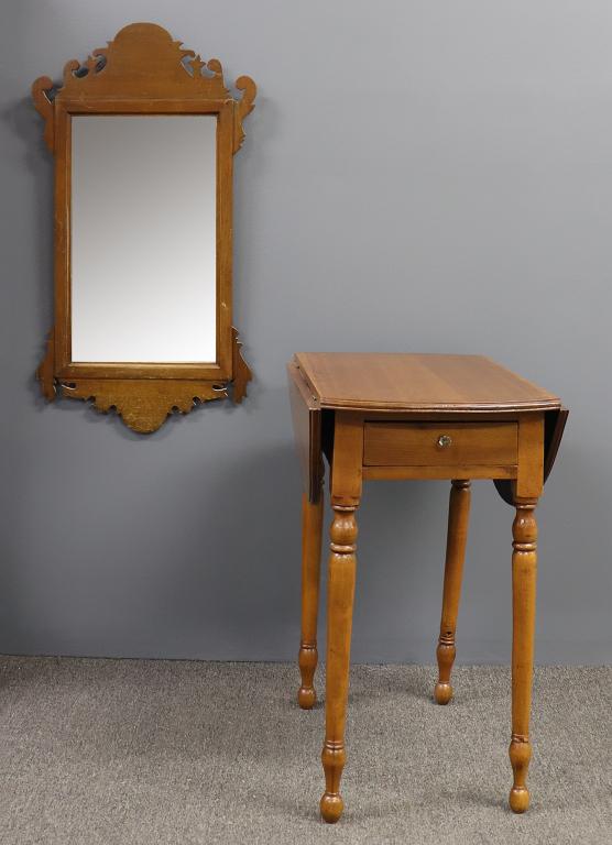 Sheraton Style Cherry End Table & Mirror: Sheraton style cherry end table, 29"h, together with a Chippendale style mirror, 36"h
