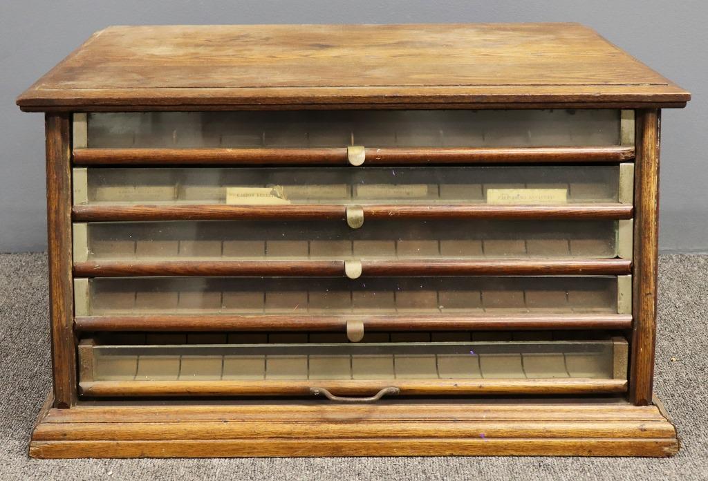 Oak Spool Cabinet "Winsted Silk Co.": Oak spool cabinet "Winsted Silk Co. Winsted, Conn." 13"h x 16"w x 23"d (top)