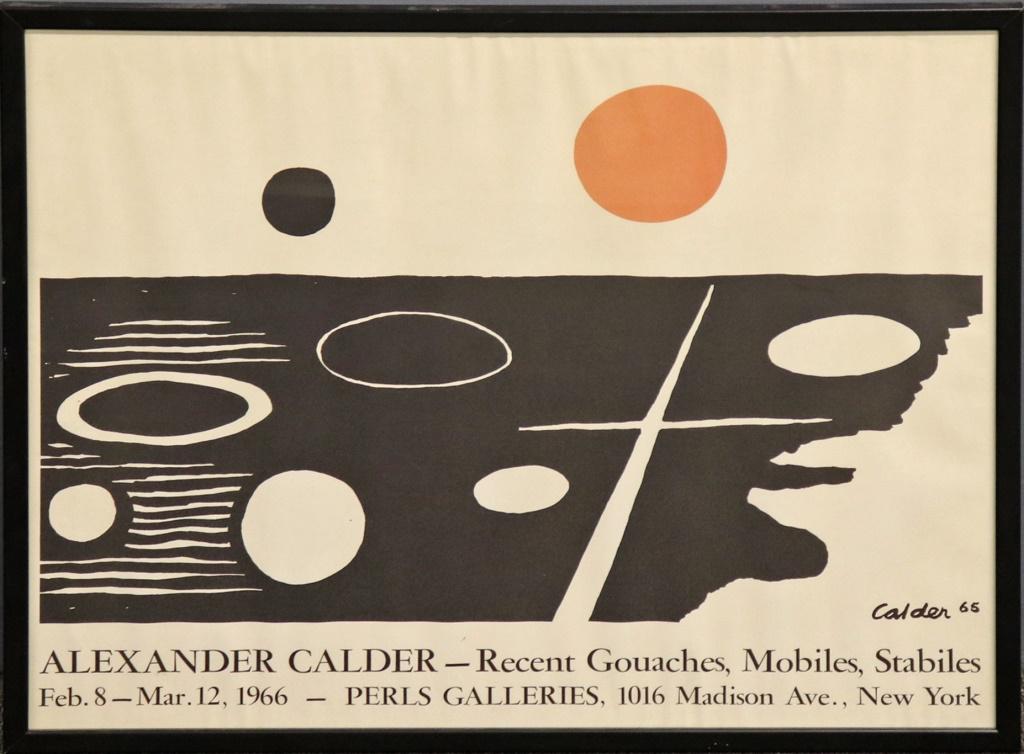 Exhibition Poster for Alexander Calder 1966: Exhibition poster for "Alexander Calder - Recent Gouaches, Mobiles, Stabiles, Feb.8 - Mar.12, 1966 - Perls Galleries, 1016 Madison Ave., New York," framed color lithograph, 24"h x 30"w