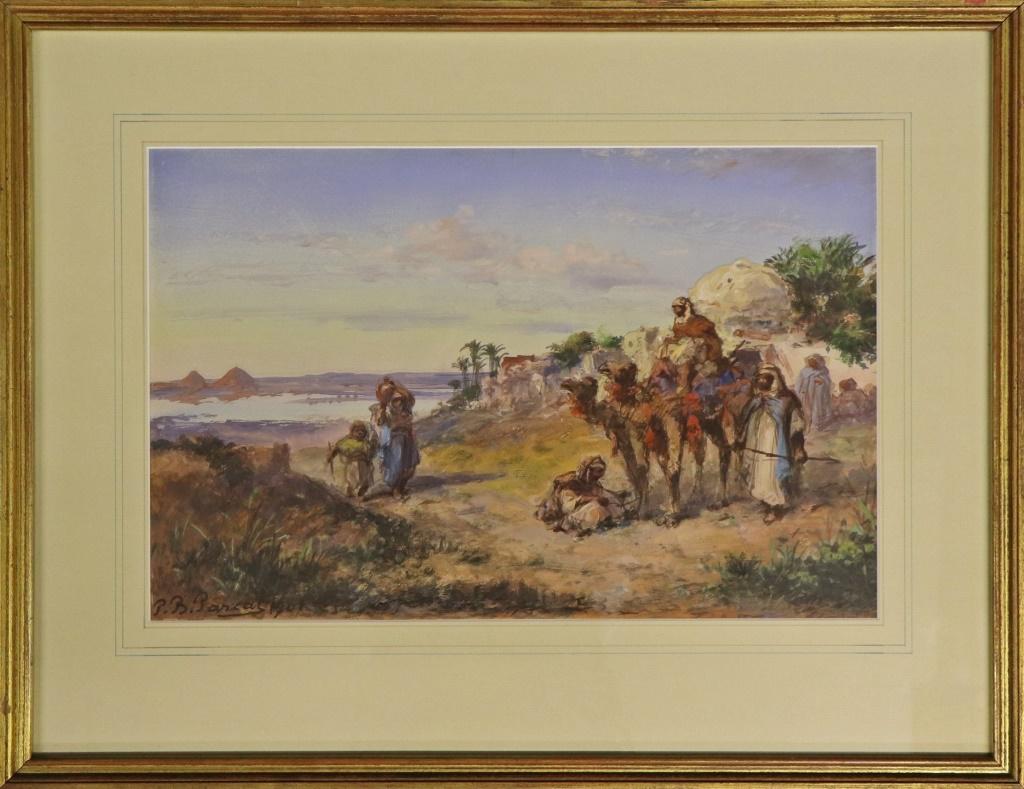 Paul Pascal Orientalist Watercolor: Paul B. Pascal (District of Columbia / France, 1830 - 1905) Orientalist watercolor of travelers and camels in landscape, probably Giza during the inundation of the Nile, signed and dated lower left, 1