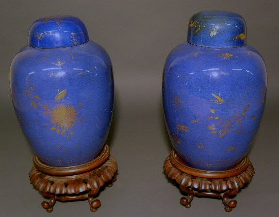 Pair of ginger jars, blue with gold decoration, car