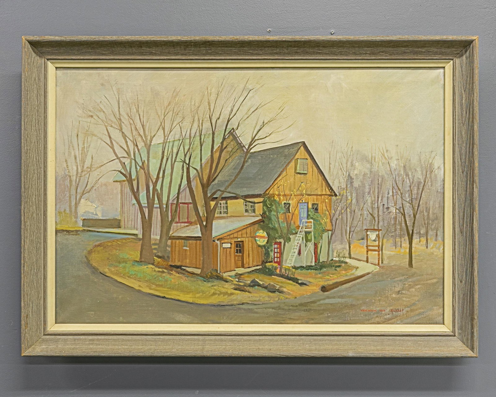Bayard Berndt (American, 1908-1987) Oil on Canvas: Bayard Berndt (American, 1908-1987) oil on canvas titled 'Barn Studio' signed lower right 'Warehouse 1968' 24"L x 26"H sight size