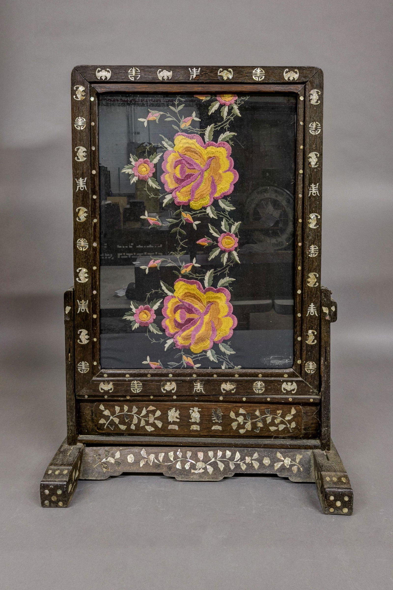 Asian Rosewood Needlepointed Silkwork Screen (1 of 2)