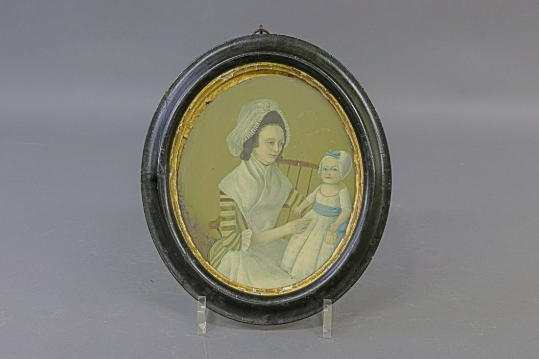 Oil on Tin Mother and Child: Fine oil on tin mother and child seated in a Windsor chair 18th c., labeled verso 'Garbisch' 7"H x 5.75"W