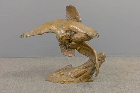 Maximilien Louis Fiot Bronze Sculpture: Maximilien Louis Fiot (French 1886-1953) large bronze sculpture of eagles in flight titled 'Combat' foundry mark Susse Freres Paris 28"H x 34"W x 13"D