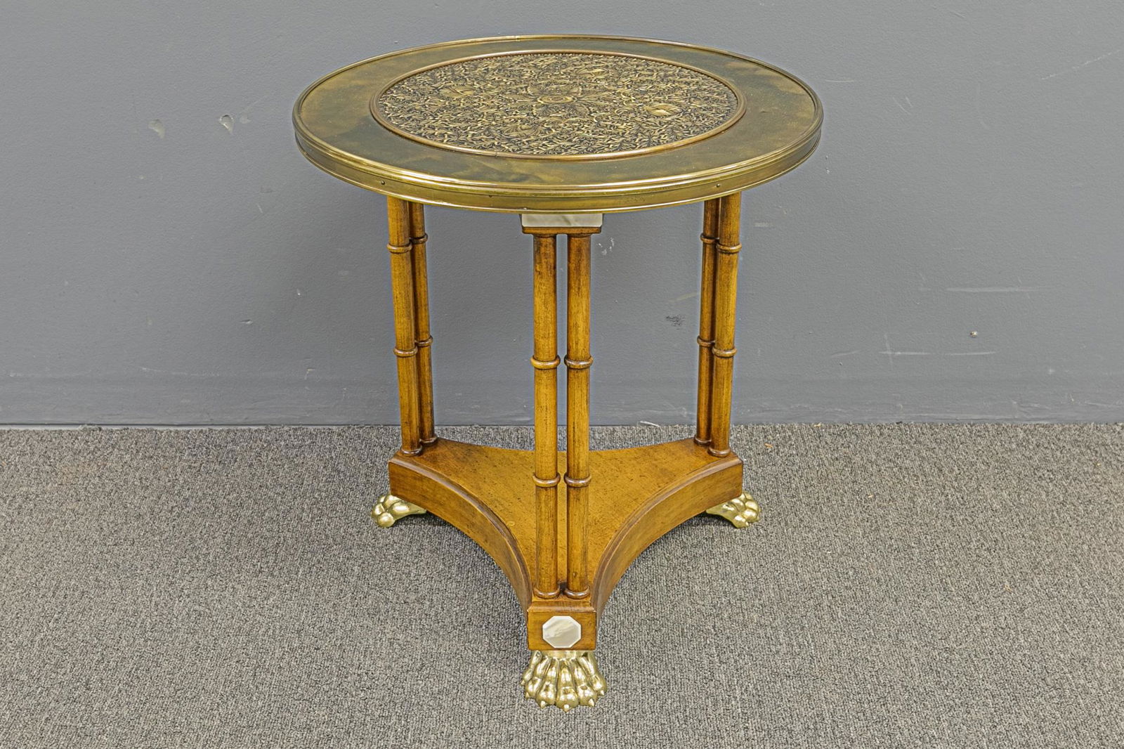 Brass Table: Mastercraft brass round table with paw feet 19.5"H x 18.5"D