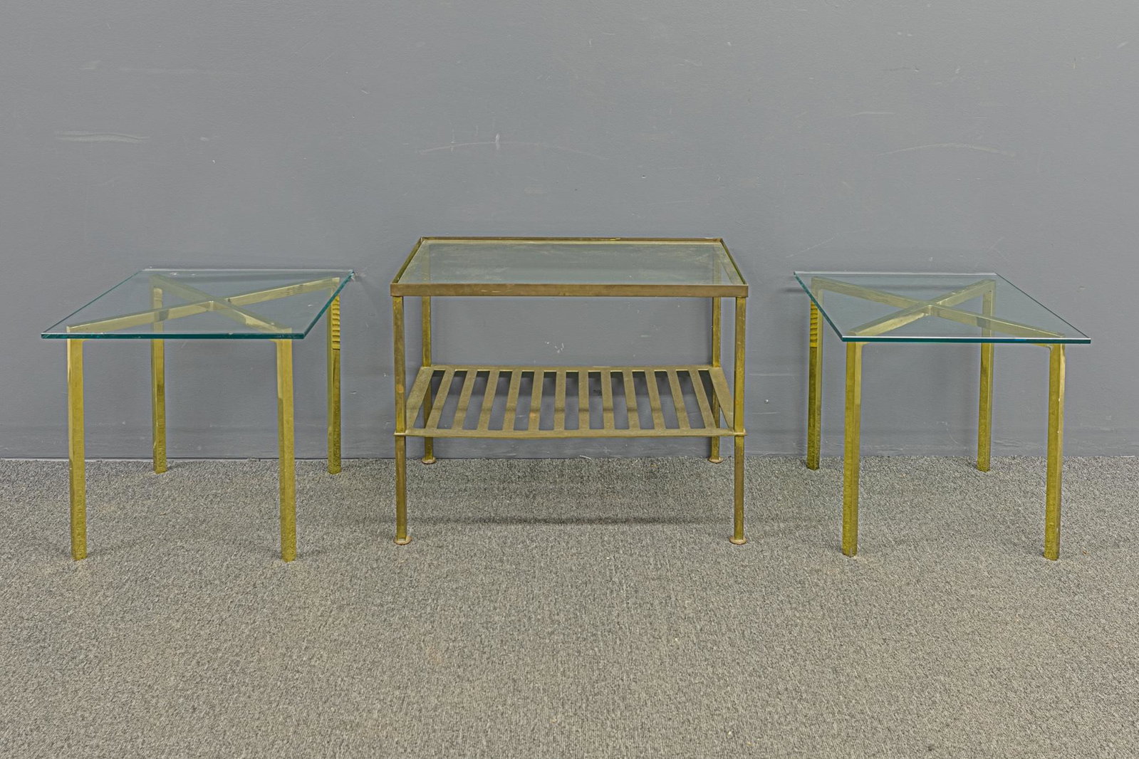 Mid-Century Modern Tables: Two mid-century modern brass and glass tables 15.5"H x 16.5"W; together with another table 18.5"H x 24"W
