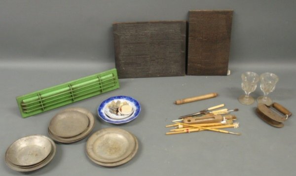 Misc. box lot- tin plates, Flow Blue plate, arrowh