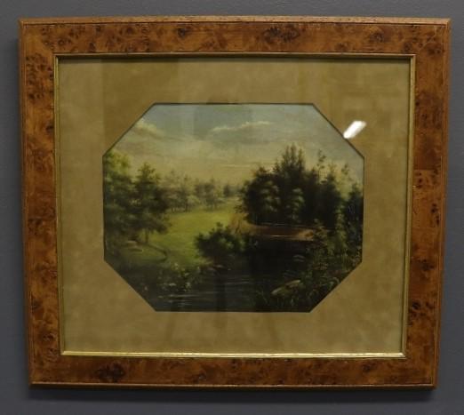 Country Bridge Oil Painting: Country bridge landscape in the manner of George Cope, 19th c. mounted in a maple frame 9" x 11" sight size / 16" x 18" overall