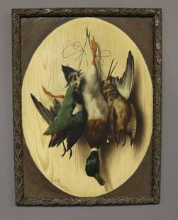 Meucci Oil on Panel: Michelangelo Meucci (Italian, 1840-1890) oil on panel game birds, dated 1888 31" x 22" sight size / 34" x 26" overall Condition: good