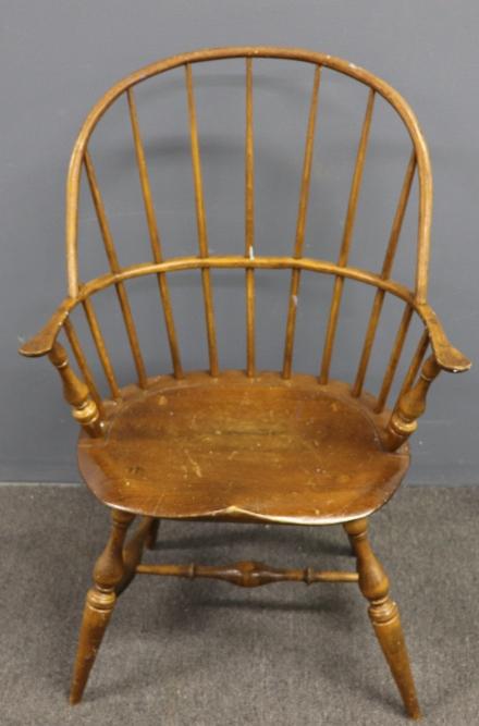 Windsor Armchair: Reproduction Windsor archair signed Cane Farm, Rosemont, NJ 39"h x 25"w x 15.5"d Condition: Paint speckles, dents, scratches
