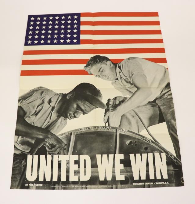 World War II Poster: WW II poster, photo by Liberman 1943 ' United We Win' 28" x 22" Condition: creased