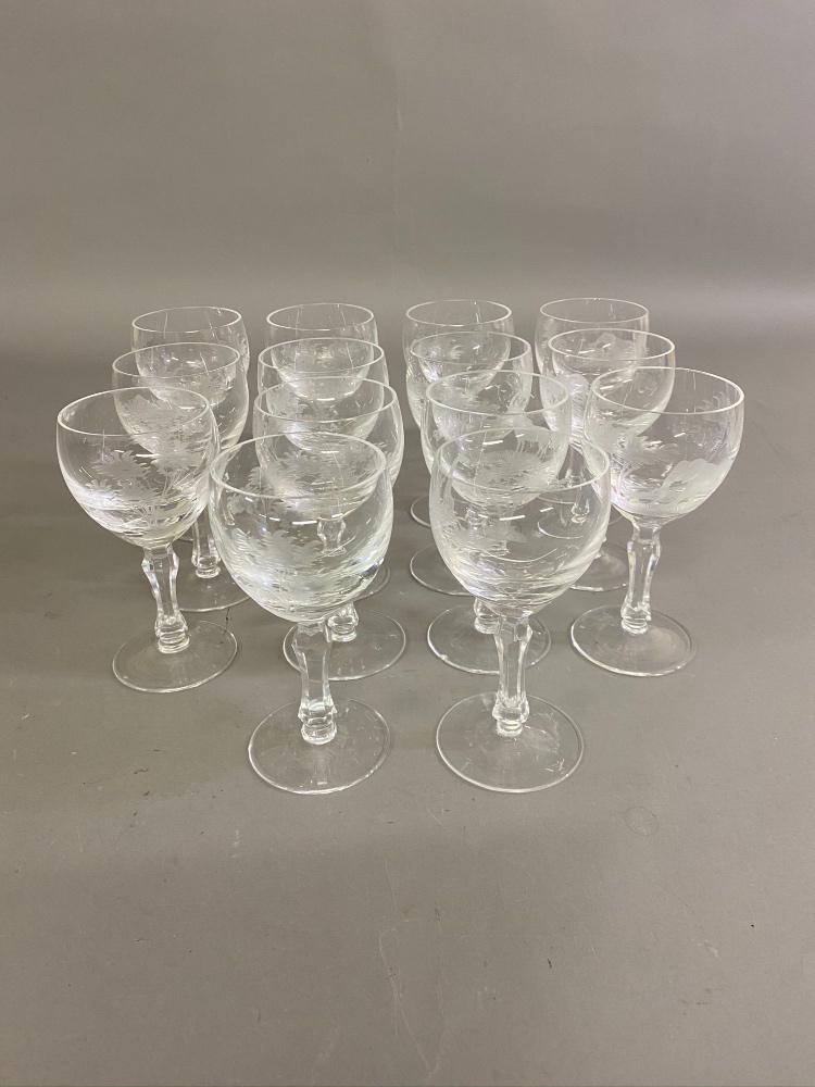 Crystal Wine Glasses: Fourteen crystal wine glasses each with etched Aftrican animals 6.25"h x 3"dia