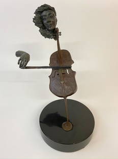 Paul Fairley Bronze: Paul Fairley bronze sculpture titled "Cello Player" 24/350 mounted on a black stone base 17"h x 14"dia