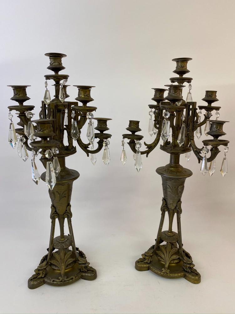 Pair of Victorian Spelter Candelabra: Pair of Victorian spelter metal candelabra of classical form 25.5"h x 12"dia