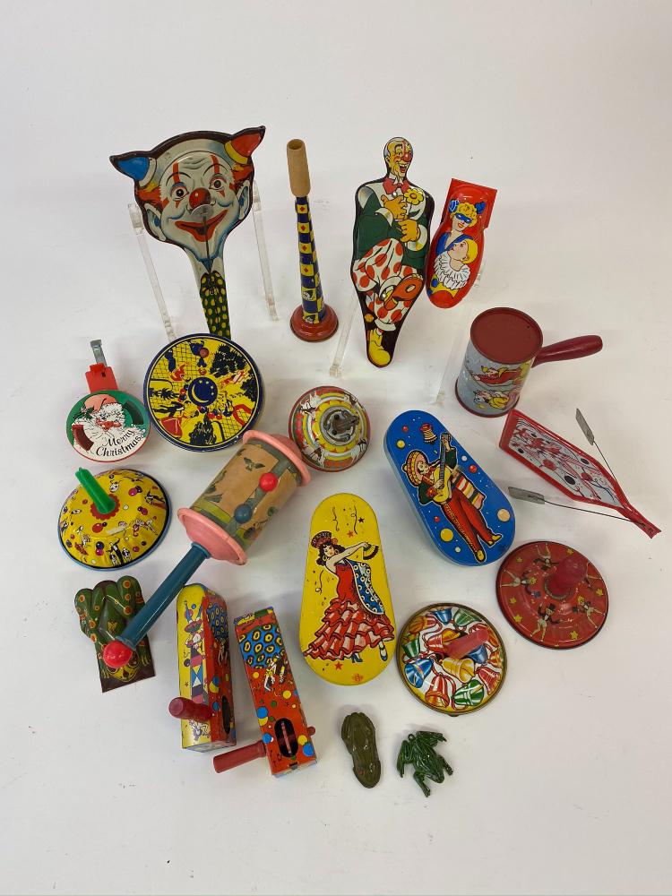 Tin Noise Makers: Tin noise makers including a clown, circa 1950's, some by Kirchhof 8" x 5"