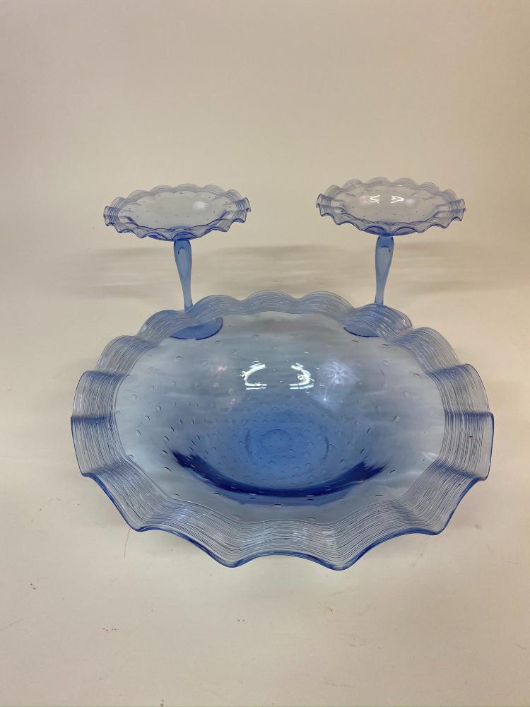 Steuben Bubble and Thread Centerpiece: Blue Steuben bubble and thread centerpiece dish 3.5"h x 15.5"dia; together with two compotes 7"h