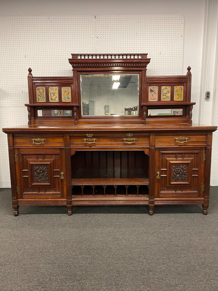 Aesthetic Movement Sideboard: Aesthetic Movement mahogany sideboard, late 19th c. with Minton tiles 73.5"h x 86"w x 30"d