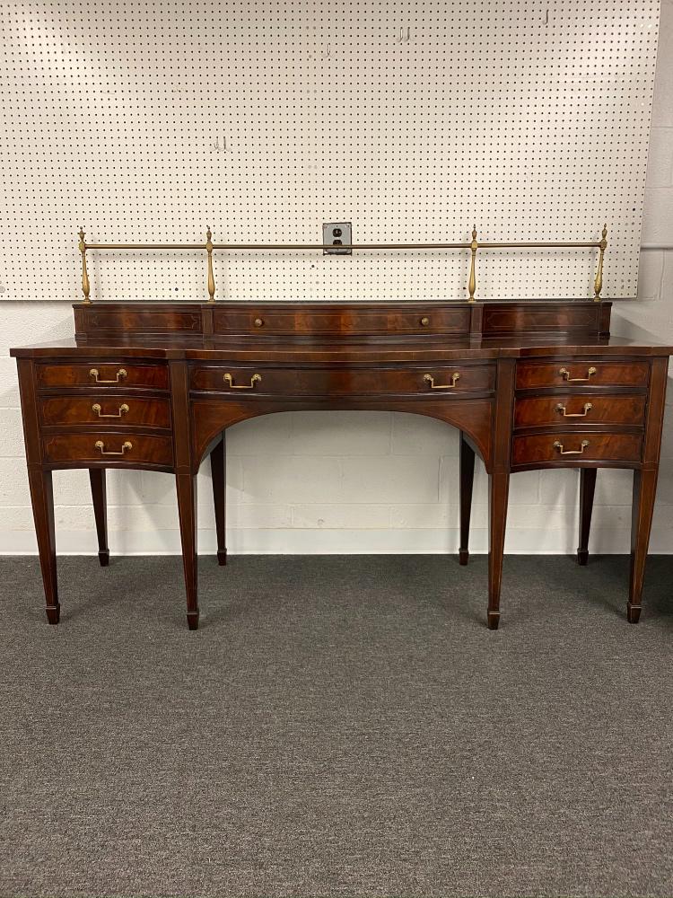 Baker Mahogany Inlaid Sideboard: Large Baker Hepplewhite style mahogany inlaid sideboard with brass rail 52"h x 77"w x 27"d overall