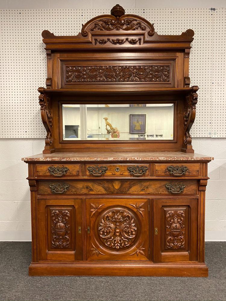 Victorian Walnut Sideboard: Victorian walnut sideboard with extensive carving and marble top, circa 1880 87"h x 54"w 22"d