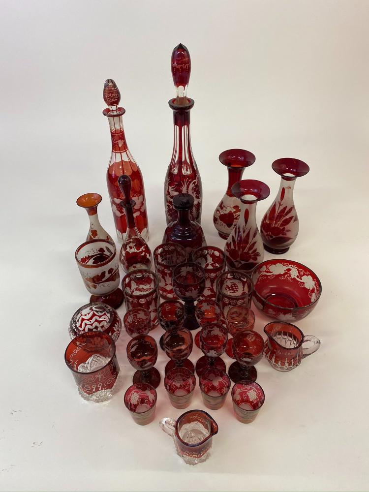 Red Bohemia Glassware: Red Bohemia glassware to include decanters tallest 16.5"h, wine glasses together with other glassware