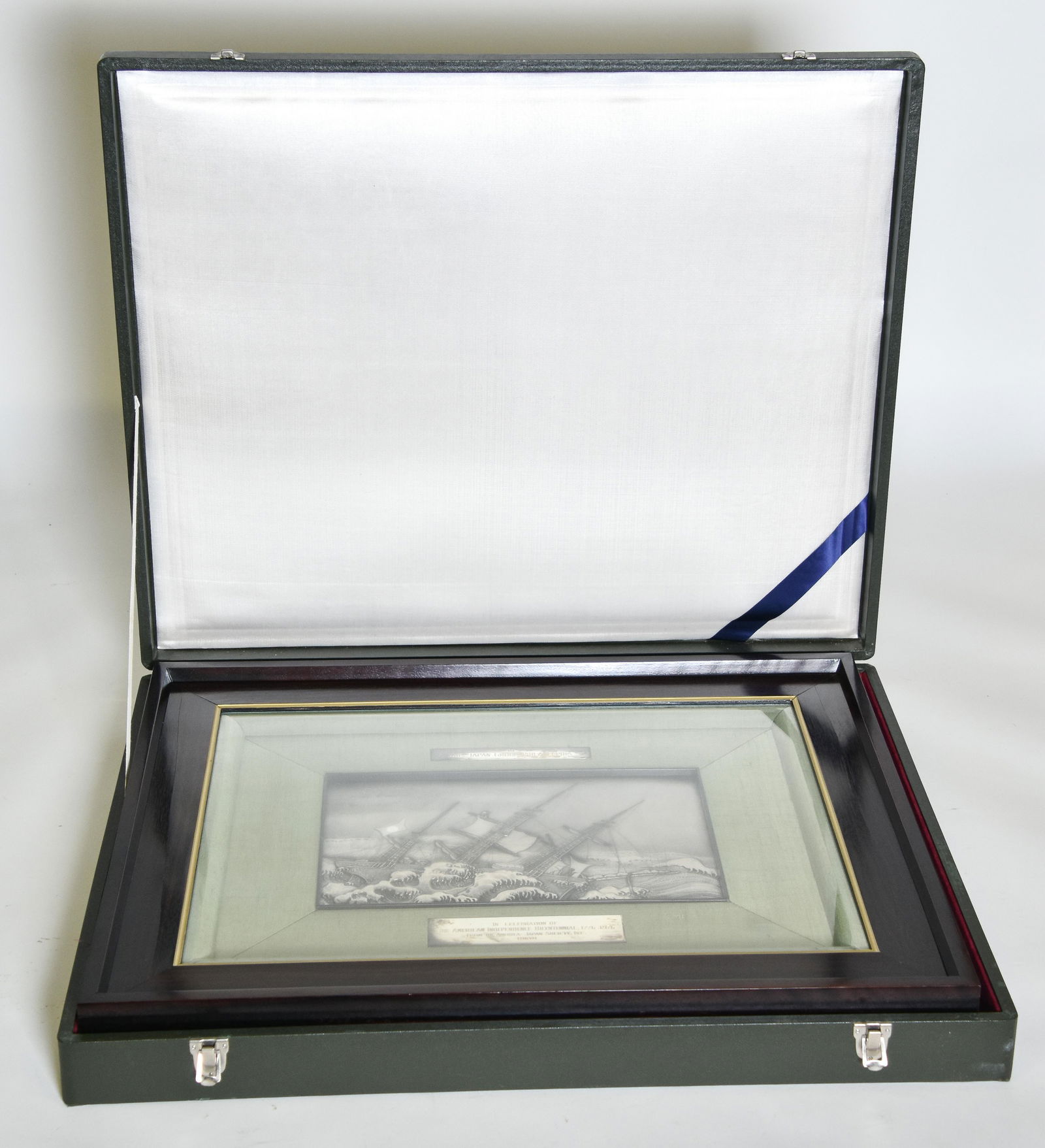 970 Silver: Cased and framed 970 silver ship plaque 7.5" x 10.5", 'To the Japan Group, Philadelphia in Celebration of the American Independence Bicentennial, 1775-1976 From the American Japan Society, Inc., Tokyo