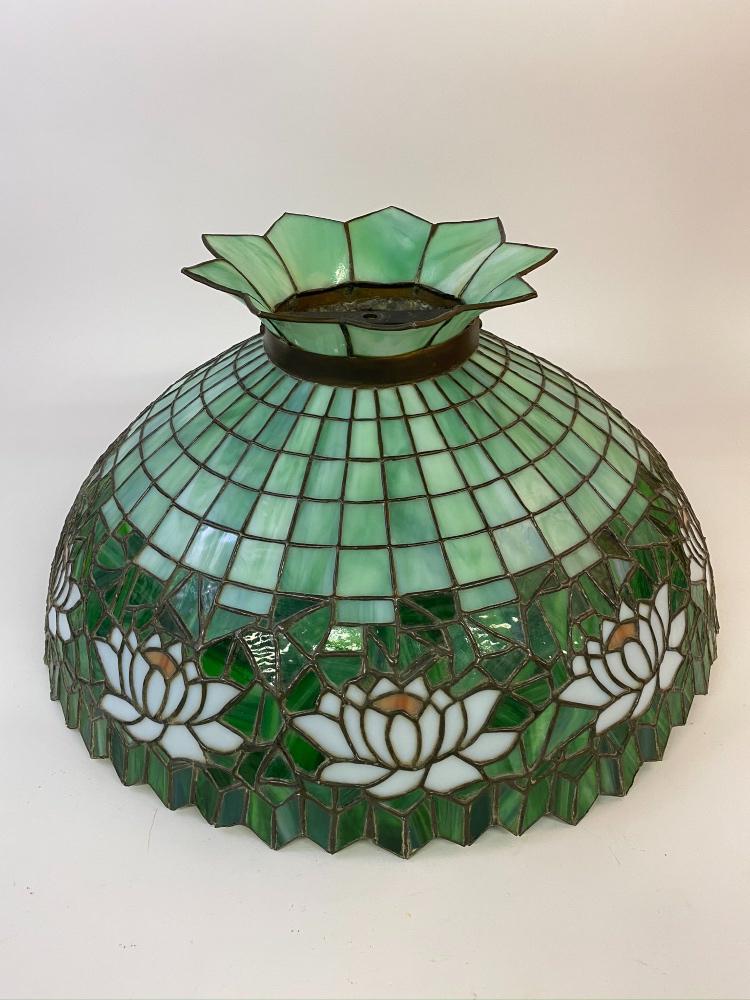Green Glass Leaded Lamp Shade: Large green glass leaded lamp shade with white water lilly flowers, early 20th c. 13"h x 22"dia