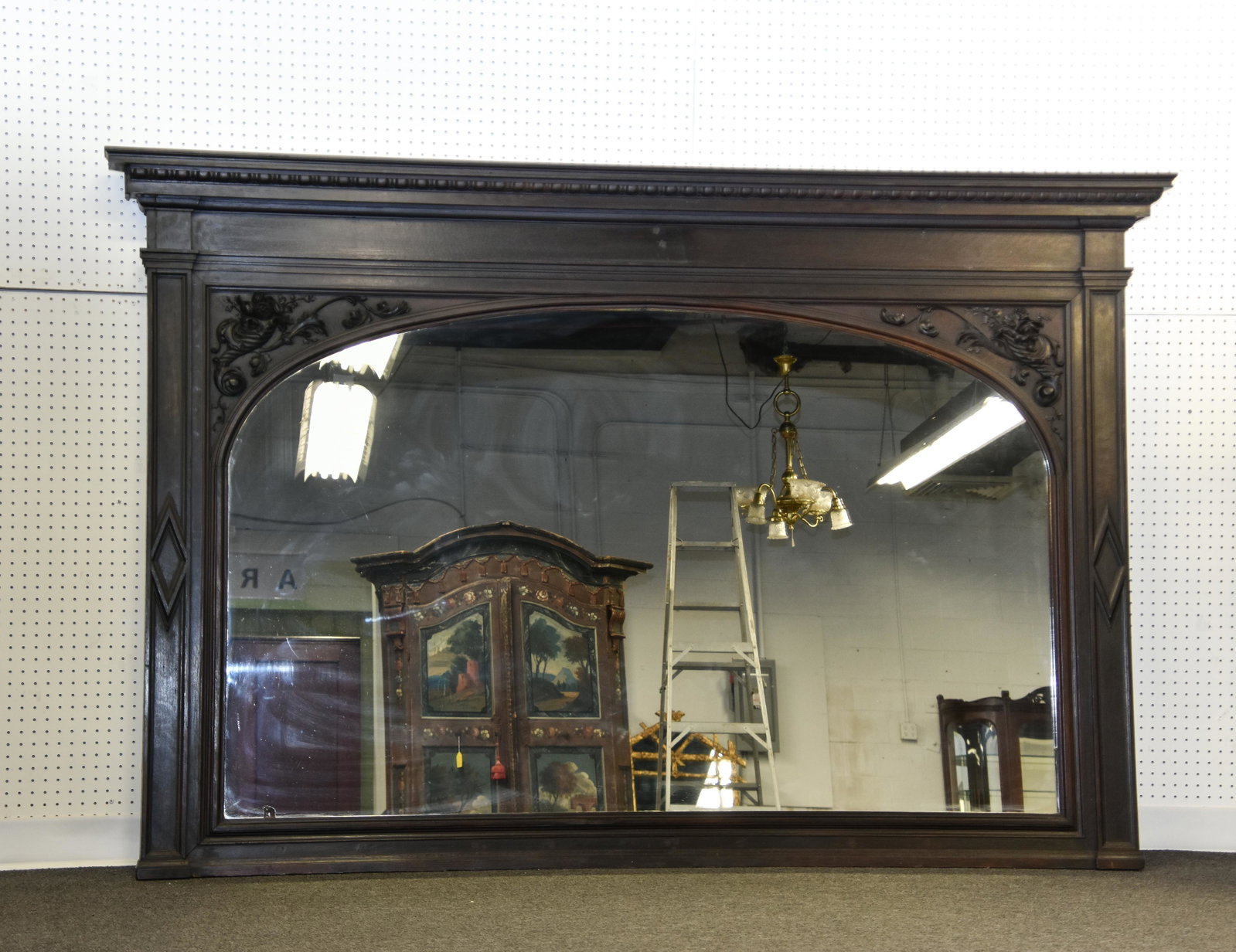 Carved Oak Mirrored Bar Back: Carved oak mirrored bar back with egg and dart cornice, circa 1900 with label 'Hale & Kiburn, MF Co. 59.5" h x 91"w x 7"d