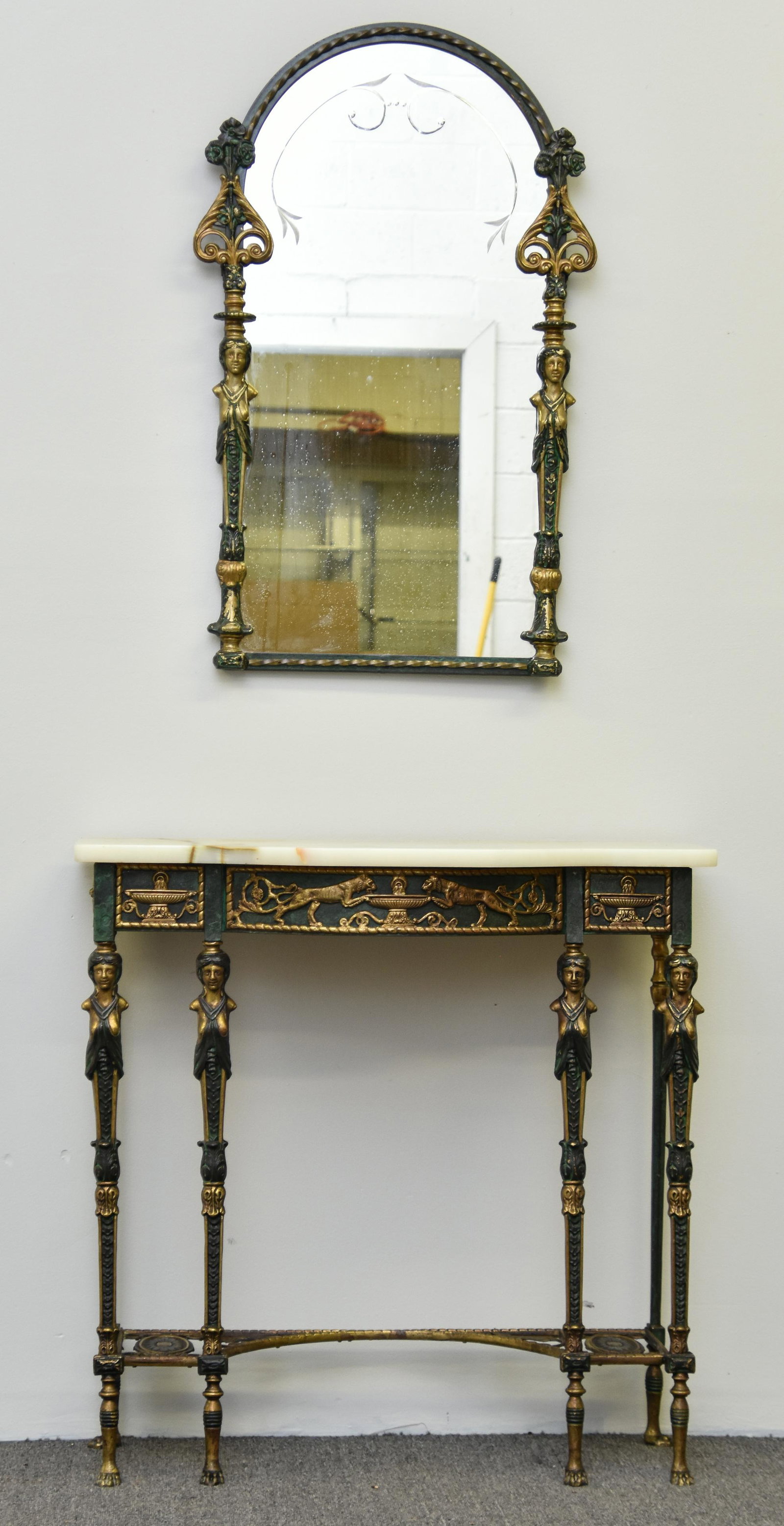 Egyptian Revival Table/Mirror: Egyptian Revival bronze and metal table with onyx top and matching mirror Table 32"w x 33"w x 13"d Mirror 34.5"h x 21.25"w