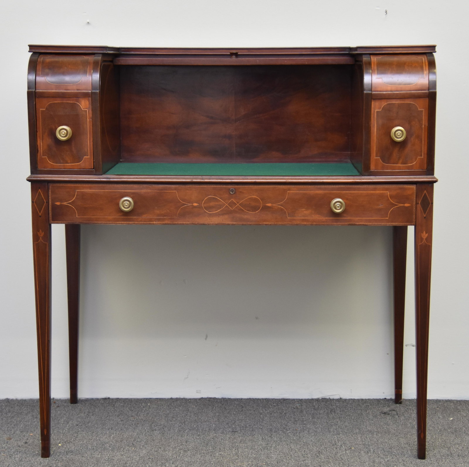 Hepplewhite Style Tambour Desk: Hepplewhite style mahogany inlaid tambour desk with partial label by 'Charak' 44"h x 42.5"w 24.5"d