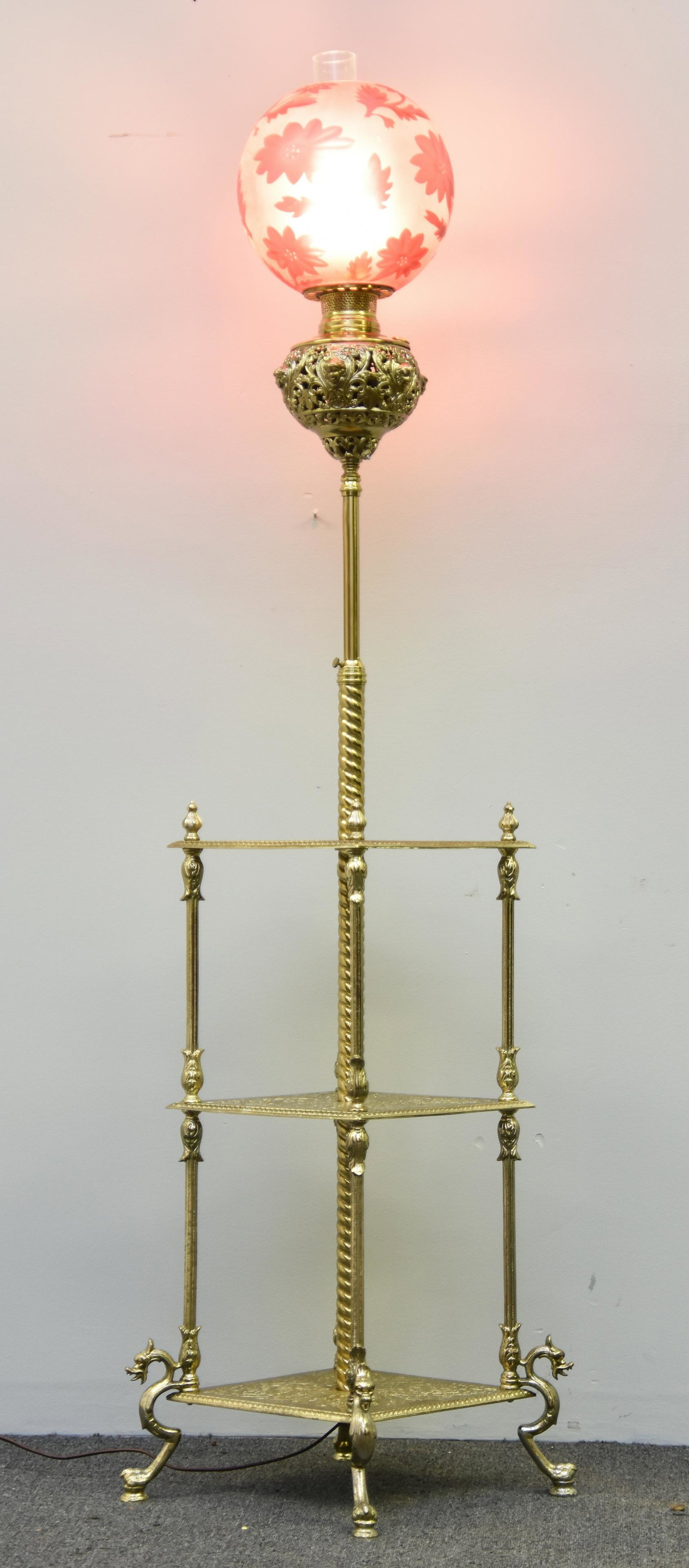 Brass Piano Oil Lamp: Brass adjustable piano oil lamp, late 19th c. (converted to electric) probably by Bradley & Hubbard 13.5"h x 17"w; 66"h current height
