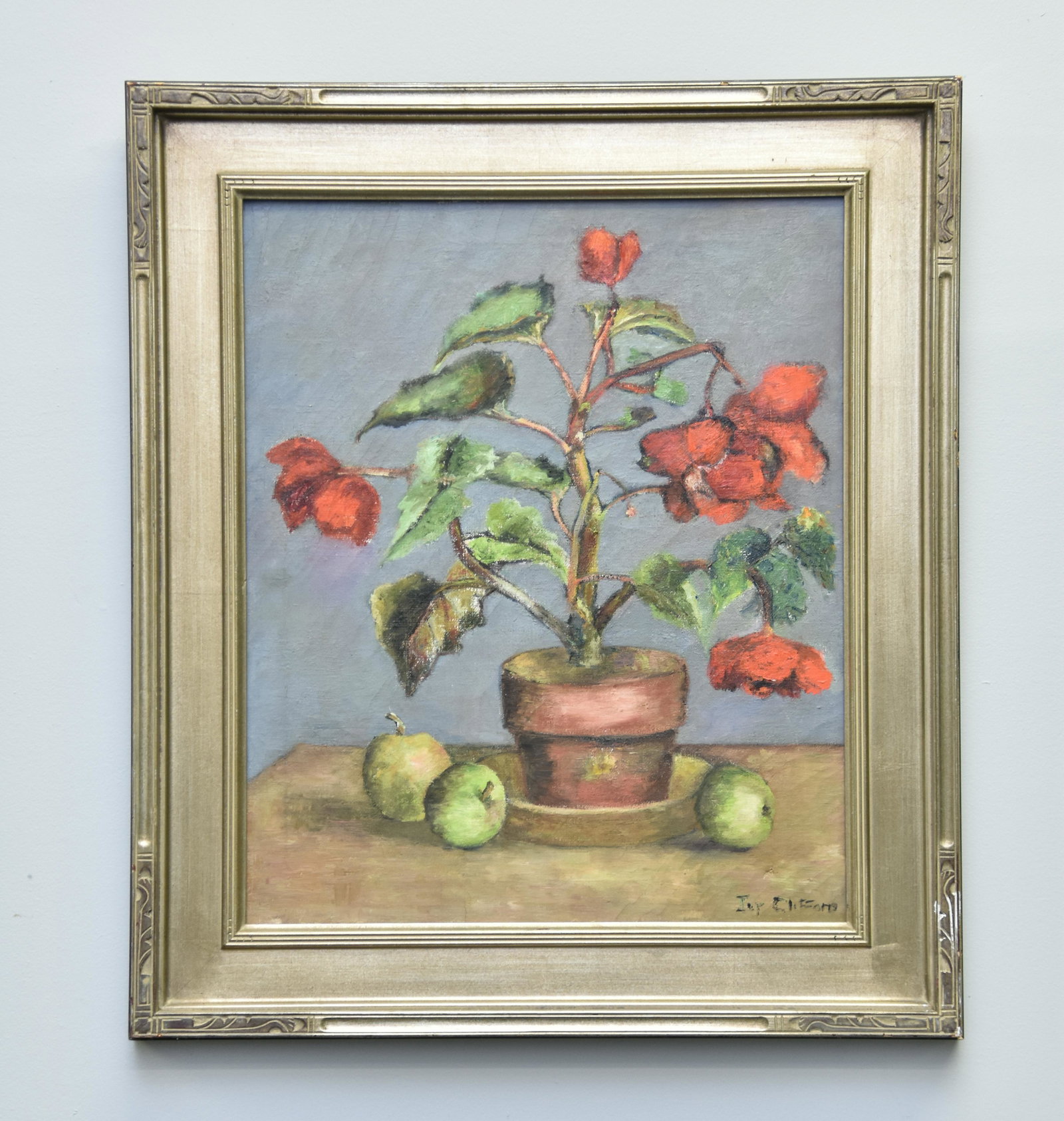 Jay Clifford Oil on Canvas: Jay Clifford (American, 20th c.), oil on canvas still life of a potted plant, circa 1950's, signed lower right 24" x 20" sight size 31" x 27" overall