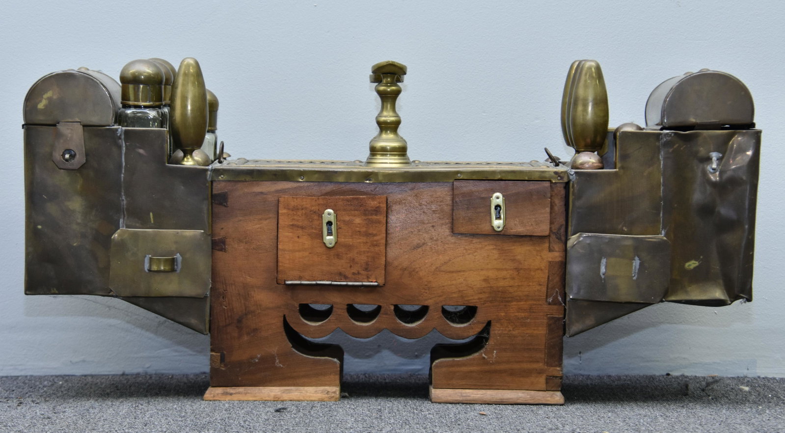 Ornate Middle Eastern Brass Shoe Shine Kit: Ornate Middle Eastern brass shoe shine kit with bolsters 15"h x 32.5"w x 7.5"d