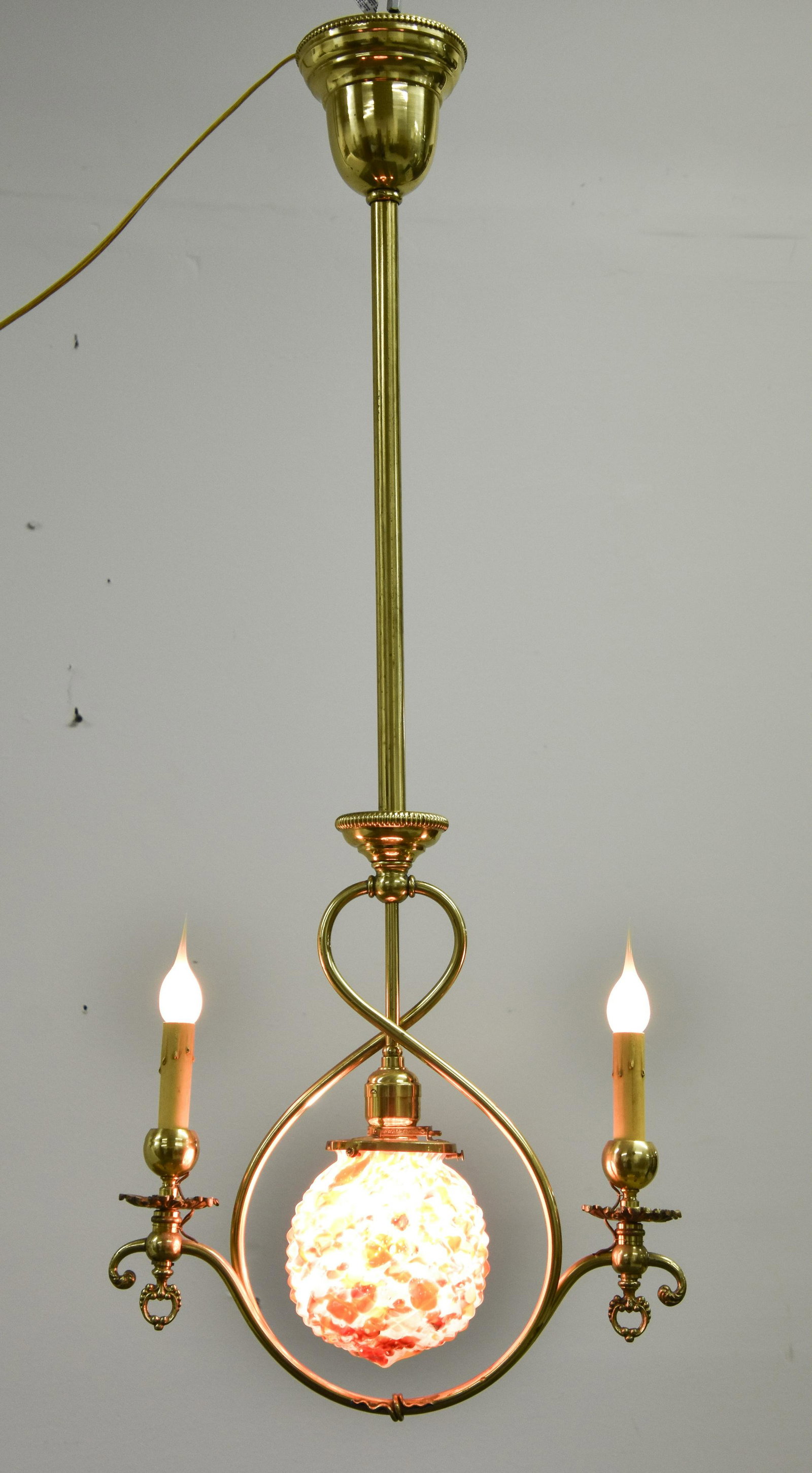 Victorian Brass Center Hall Chandelier: Victorian brass center hall chandelier with end-of-day Czech glass shade 36"h x 16"w x 5"d