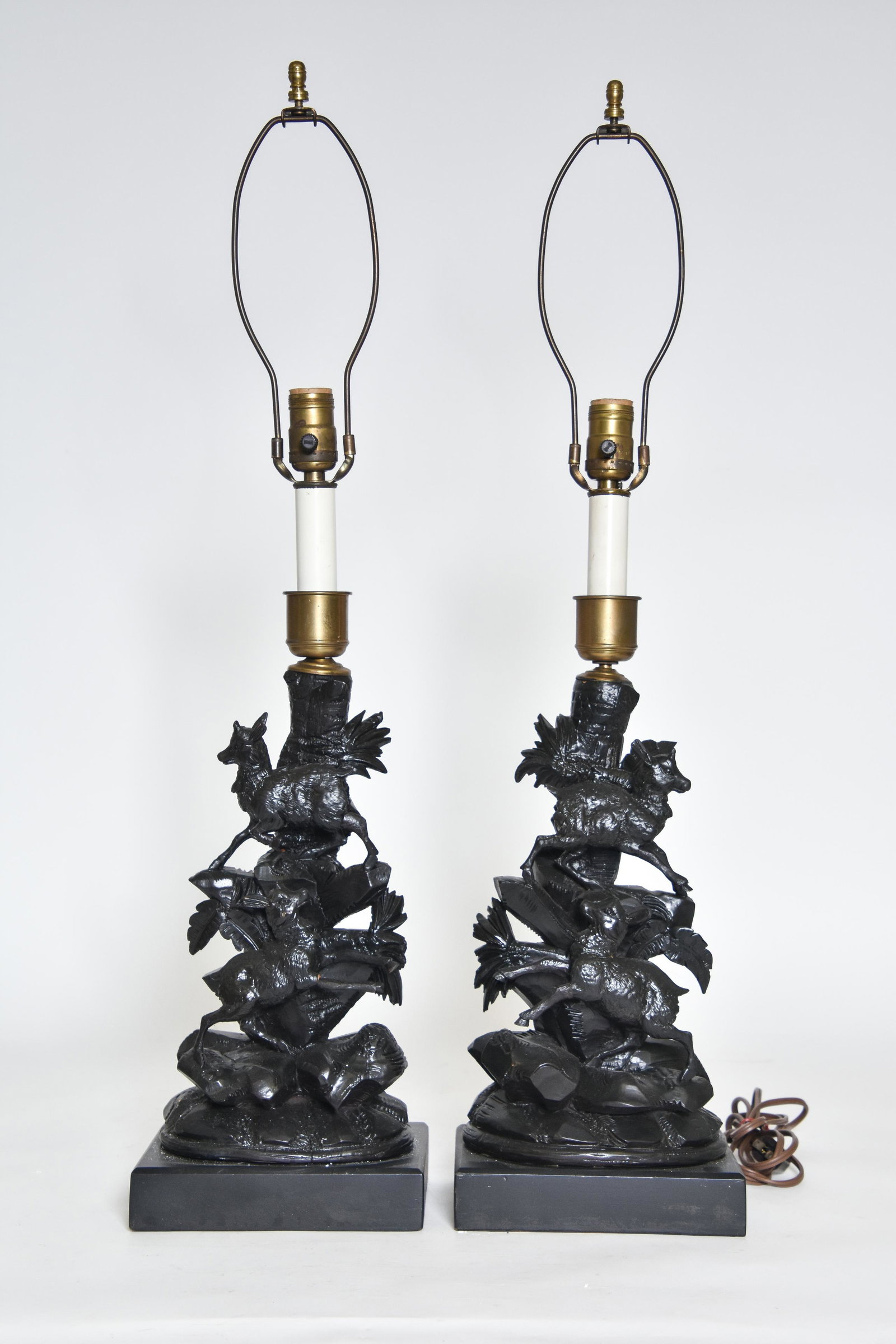 Pair Black Forest Garnitures: Pair of Black Forest garnitures converted to lamps, late 19th c. 32"h x 8"w