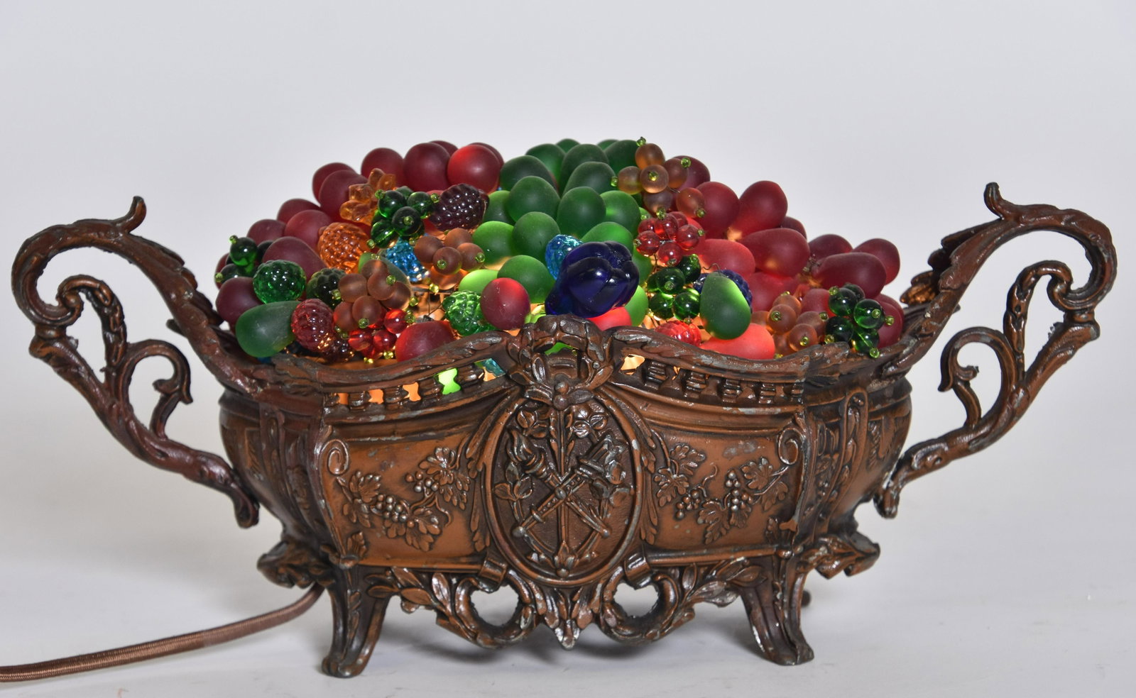 Czech Glass Fruit Spelter Basket Lamp: Czech glass fruit spelter metal basket lamp, circa 1920 5.5"h x 13.5"w x 7.5"d