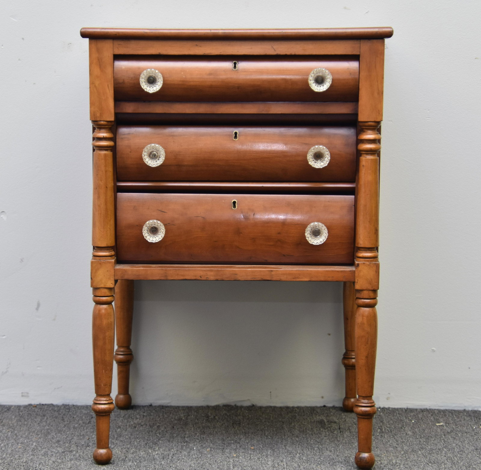 Sheraton Cherry Work Table: Sheraton cherry three drawer work table, circa 1830 29.5"h x 20.5"w x 18.25"d