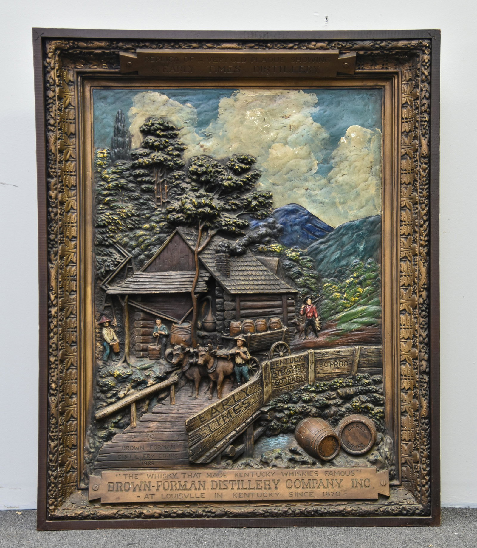 Framed Distillery Picture: Framed plaster relief of Brown-Forman Distillery Co. at Louisville, Kentucky, probably hung in the corporate office 45" x 36.5" s 4"d overall